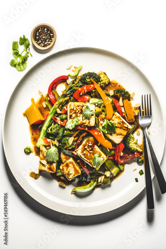 Fresh and Colorful Tofu Stir Fry on White Background - Healthy Vegan Meal for Healthy Eating Generative AI