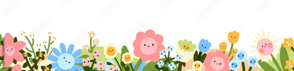 Cute happy flowers, spring floral nature border. Kids kawaii plants with smiling faces, long web banner decoration in naive childish style. Flat vector illustration isolated on white background Cute happy flowers, spring floral nature border. Kids kawaii plants with smiling faces, long web banner decoration in naive childish style. Flat vector illustration isolated on white background