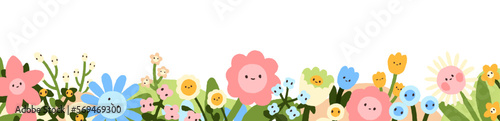 Cute happy flowers  spring floral nature border. Kids kawaii plants with smiling faces  long web banner decoration in naive childish style. Flat vector illustration isolated on white background