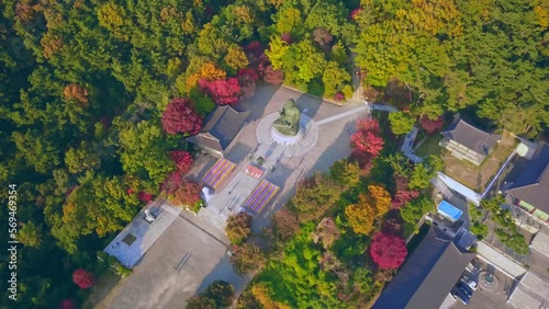 Aerial video of Gakwonsa temple during Autumn season in Cheonan city, South Korea. Aerial shot from drone. photo