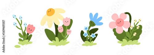 Cute kawaii flowers with happy smiling faces set. Adorable funny spring floral plants with emotions in childish naive style. Kids childlike flat vector illustrations isolated on white background