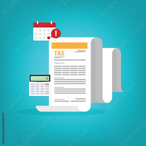 Tax payment. Data analysis, paperwork, financial research report and calculation of tax return. Payment of debt. Vector illustration