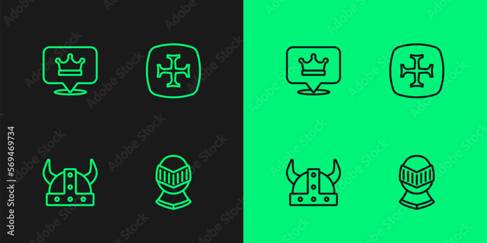 Set line Medieval helmet, Viking in horned, King crown and Crusade icon. Vector Set line Medieval helmet, Viking in horned, King crown and Crusade icon. Vector