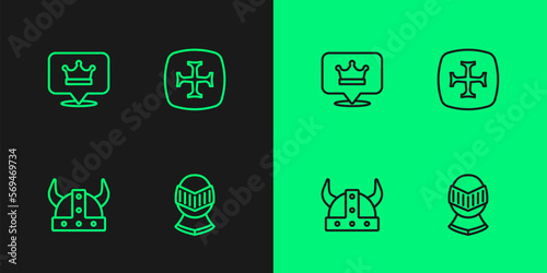 Set line Medieval helmet, Viking in horned, King crown and Crusade icon. Vector