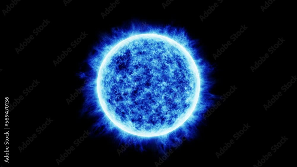 Abstract cold blue sun or star close up computer generated animation. Solar atmosphere with plasma movement at black. Seamless looping animation.
