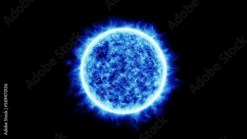 Abstract cold blue sun or star close up computer generated animation. Solar atmosphere with plasma movement at black. Seamless looping animation.