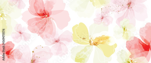 Abstract floral art background vector. Hand painted watercolor botanical spring flowers gold brush stroke texture. Art design illustration for wallpaper, poster, banner card, print, web and packaging