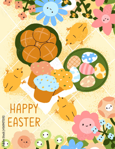 Happy Easter day, post card design. Postcard background with chickens, dyed e...