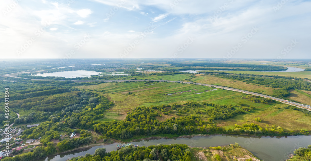 Ryazan, Russia. Protected meadow. The Turbezh River and the Oka River. Aerial view