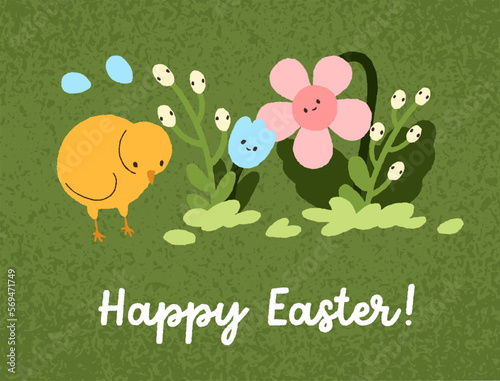 Happy Easter postcard design. Cute funny baby chicken and fairytale fantasy flowers on green grass background, spring religious traditional holiday card. Kids childish flat vector illustration