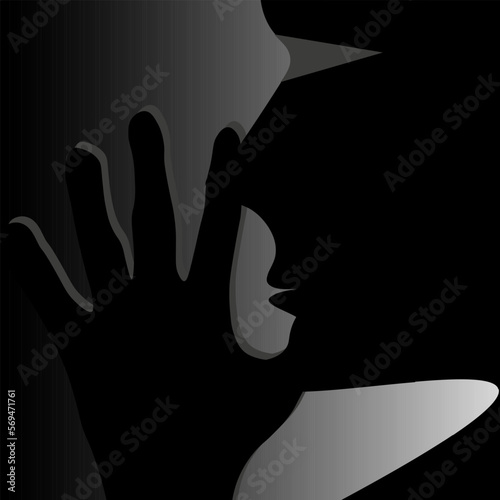 The silhouette of a person in the dark with his hands raised in front of his face. An abstraction with a manwho prays. The thinker is Rodin. An antique head with a Greek profile.