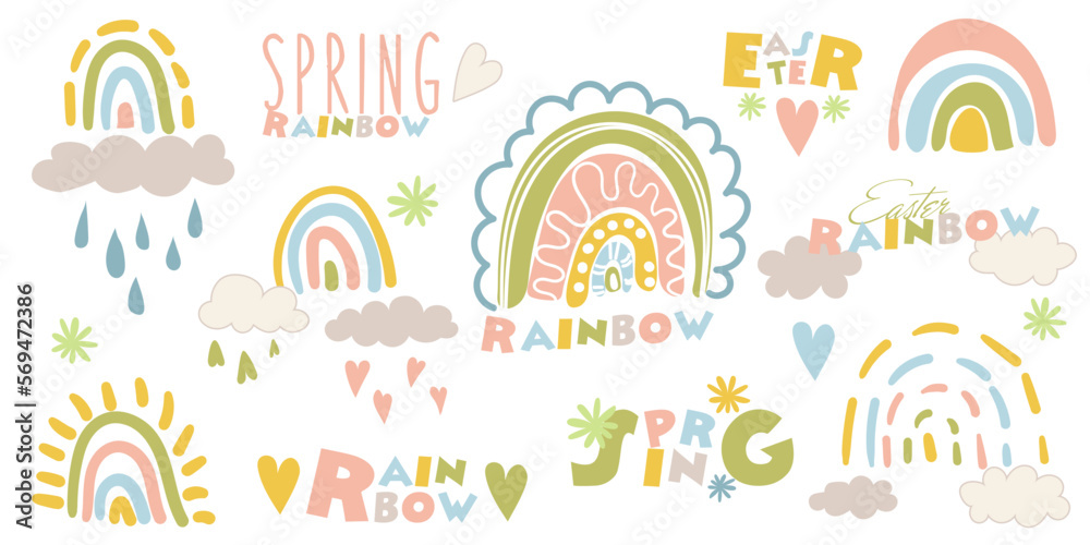 Cute set of colorful rainbows. Collection of children's flat vector illustrations. Perfect for kids, posters, prints, postcards, fabric. Delicate colors and rainbow inscriptions. Print