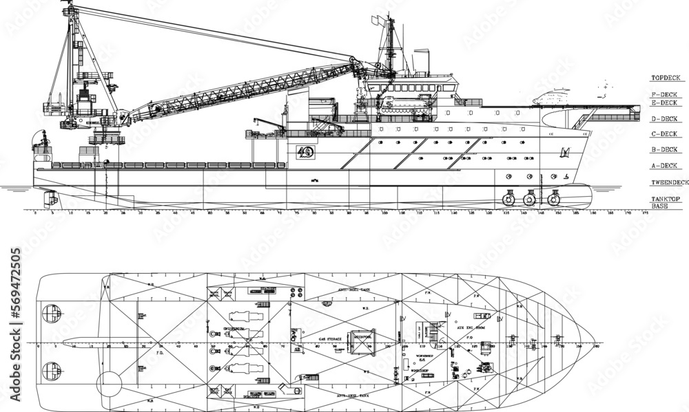 Detailed vector sketch illustration of a cargo resque ship with crane and scale of sizes