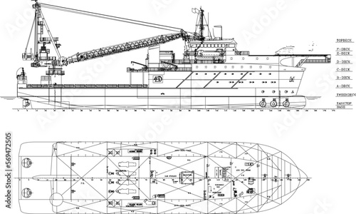 Detailed vector sketch illustration of a cargo resque ship with crane and scale of sizes
