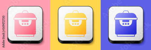 Isometric Slow cooker icon isolated on pink, yellow and blue background. Electric pan. Square button. Vector
