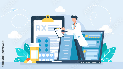 Online male doctor with medication. RX. Online pharmacy, healthcare consultation, medical examination, medicine order. Ordering medicines online via laptop. Fast delivery of pills. Vector illustration