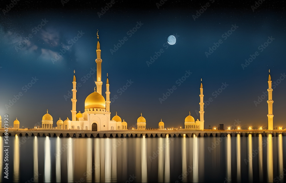 Mosque at Night with Moon, Ramadan Theme Background, Generative AI