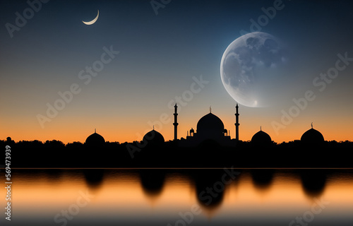 Mosque at Night with Moon, Ramadan Theme Background, Generative AI