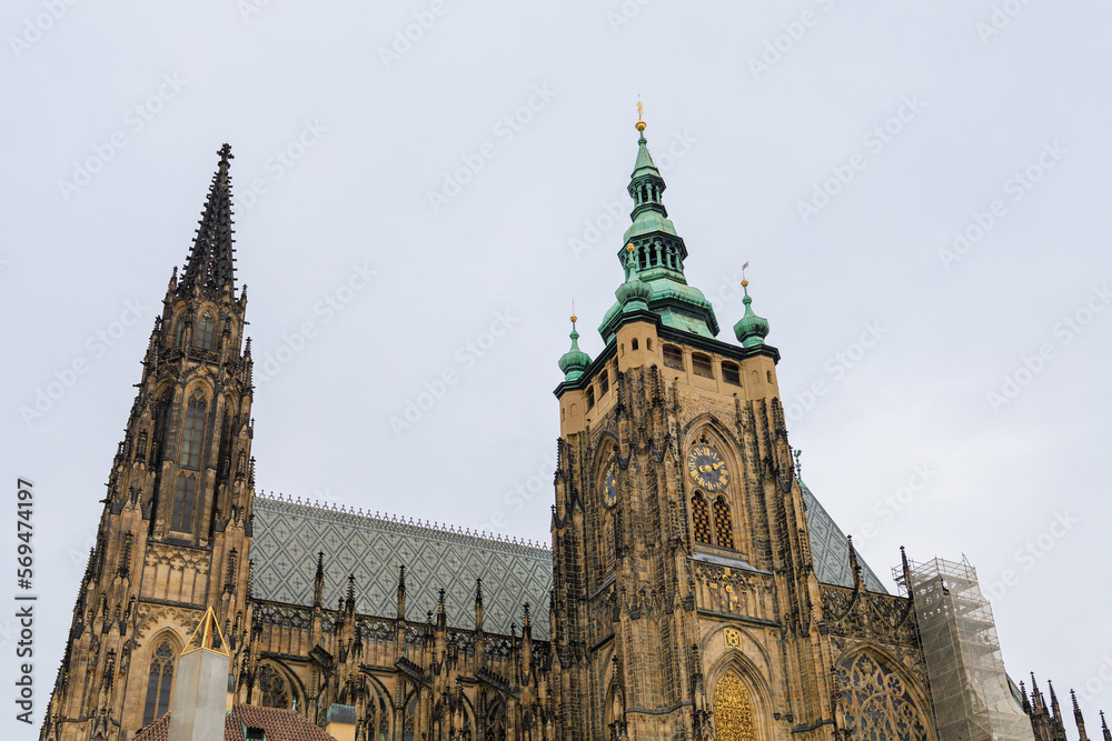 Fototapeta premium View of the Gothic Catholic Cathedral of St. Vitus, Wenceslas and Vojtech in Prague Castle. Background