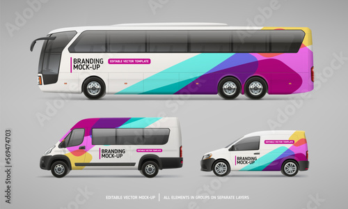 Realistic Coach Bus, Passenger Van and Company Car vector Mockup set. Abstract graphic consept for Brand identity and Advertising on Passenger transport. Editable branding mockup set
