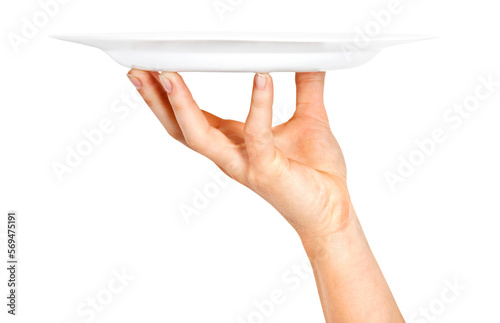 One white kitchen plate on human hand on transparent background