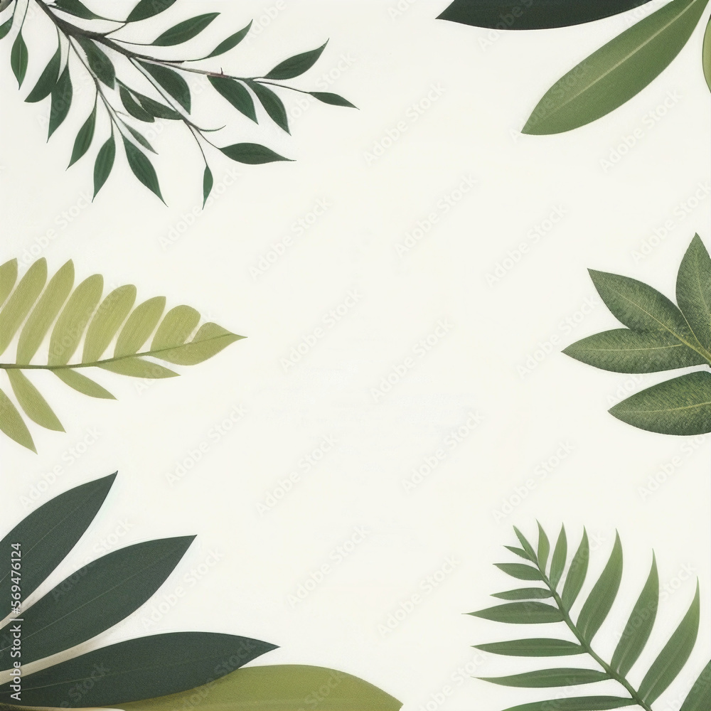 a white background, frame or mockup with green leaves and leaves , ai generated
