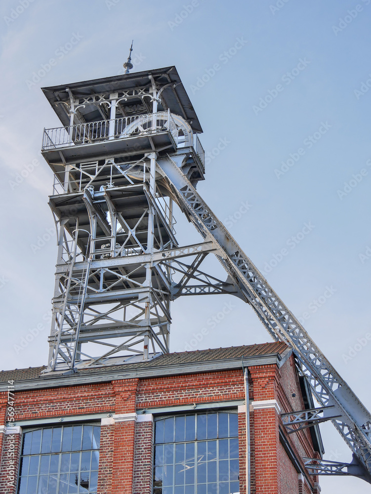 Wallers, France - 02 05 2023 : Wallers Arenberg mining site, with its red brick buildings and headframes. Site classified by UNESCO.