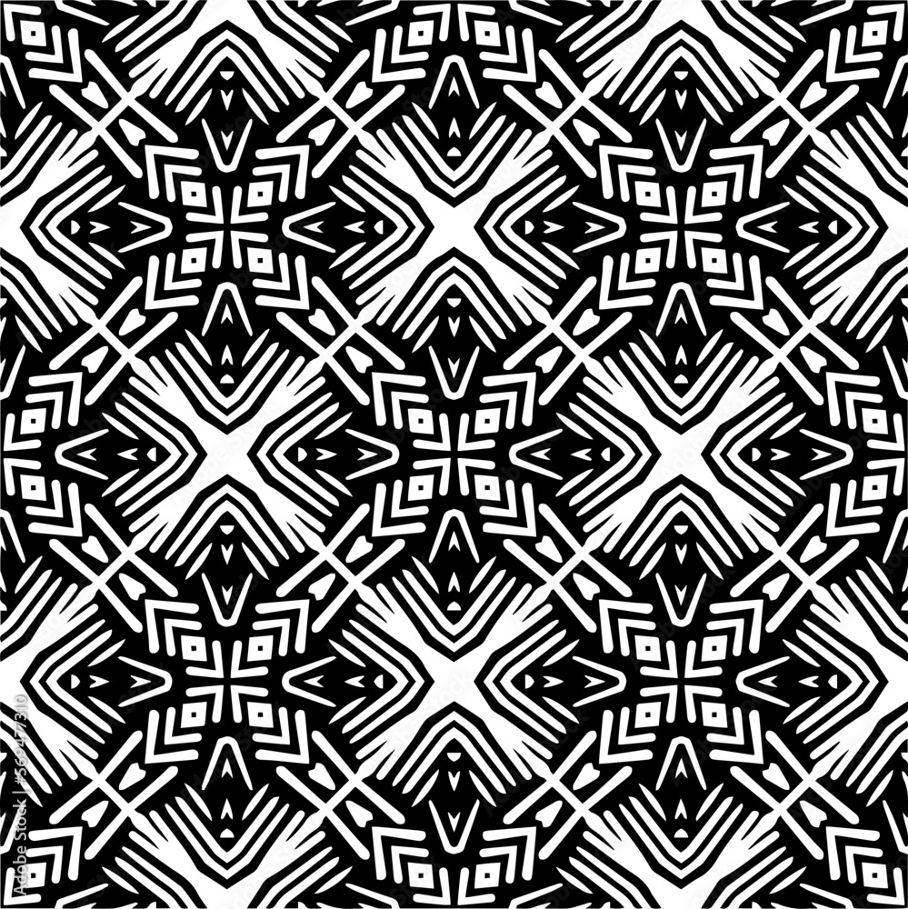 Vector geometric ornament in ethnic style. Seamless pattern with  abstract shapes,Black and white color. Repeating pattern for decor, textile and fabric.