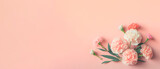 Carnation bouquet on pastel pink background with copy space. 3D illustration concept for Mother's Day holiday greetings card. Wide angle format banner. Generative AI