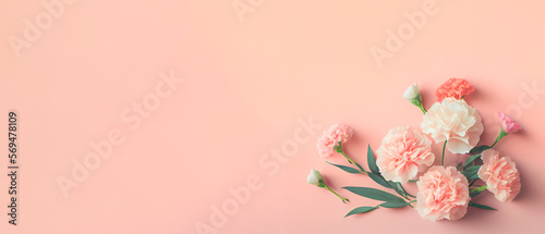 Carnation bouquet on pastel pink background with copy space. 3D illustration concept for Mother's Day holiday greetings card. Wide angle format banner. Generative AI © Fokasu Art