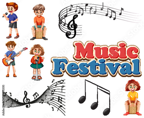 Kids musical instruments and music symbols set