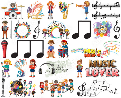 Kids musical instruments and music symbols set