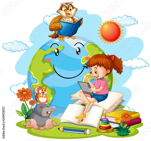 Earth planet with cartoon characters