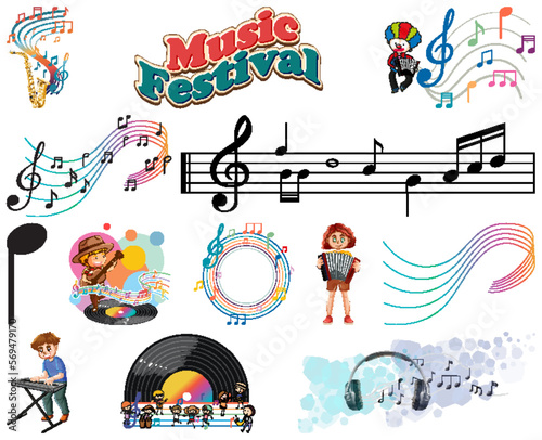 Kids musical instruments and music symbols set