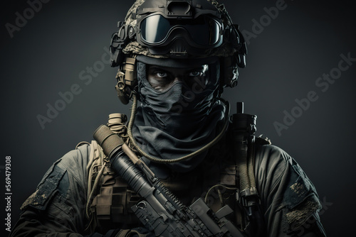soldier in camouflage, special forces fighter portrait.