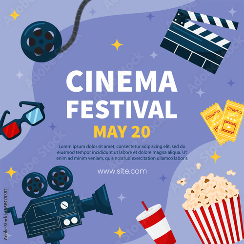 Vector square template cinema movie festival poster card. Popcorn basket, ticket, clapper, 3d glasses on violet background. Flyer or brochure for event