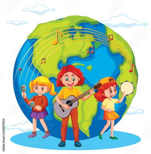 Children playing music on earth globe