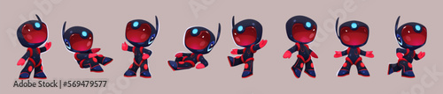 Cartoon vector illustration set of kid astronaut in space. Isolated little spaceman in black suit and helmet lie, run or go on background. Cute cosmic robot in various poses