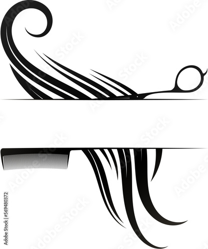Scissors comb and beautiful curls of hair. Unique design for hair stylist and beauty salon