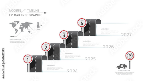 Infographic Ev car Timeline diagram template for business. 4 Steps Modern roadmap with road topics, for vector infographics, flow charts, presentations.