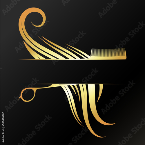 Scissors comb and beautiful golden curls of hair. Unique design for hair stylist and beauty salon