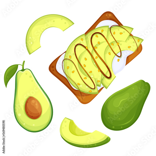 set vector illustration of avocado food, healthy food, healthy breakfast, illustration for a culinary blog