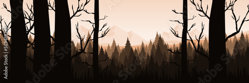 sunrise over mountain with tree silhouette good for web banner, ads banner, tourism banner, wallpaper, background template, and adventure design backdrop