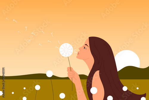 Young woman blowing dandelion in summer field. Happy girl at sunset in nature background. Allergy to flowers pollen, making a wish, freedom concept. Vector illustration