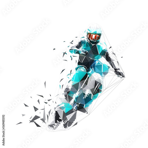 Motocross racing, low polygonal motocross racer riding motorcycle, isolated vector silhouette, front view. Geometric drawing from triangles, freestyle motocross
