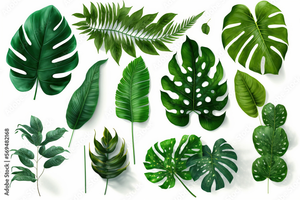 Fototapeta premium Tropical Exotic Luxury leaves isolated on white background. Graphic elements for advertising and creativity.Ai generated
