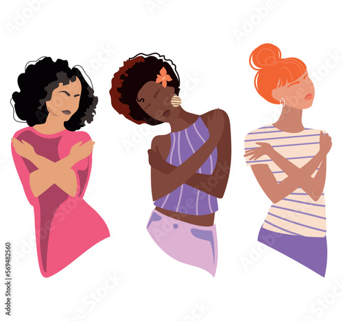 Different nationality Female person is hugging herself.Embrace Equity and Love yourself concept.International Women's Day 2023.Vector illustration set,women girls group,African,Latino,Caucasian