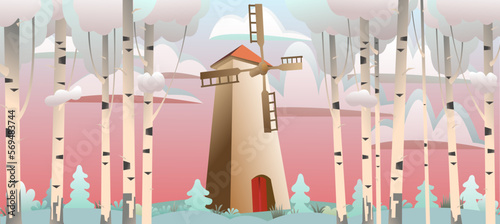 Windmill for grinding flour. Winter snow landscape with birch forest. Traditional flour mill. Stone high tower with blades. Cartoon fun style. Flat design. Vector