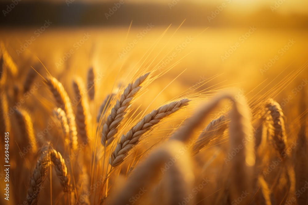 Golden hued wheat field in the season. close up with a shallow depth of field and bokeh that is abstract. the context of a nutrition idea. Generative AI Golden hued wheat field in the season. close up with a shallow depth of field and bokeh that is abstract. the context of a nutrition idea. Generative AI