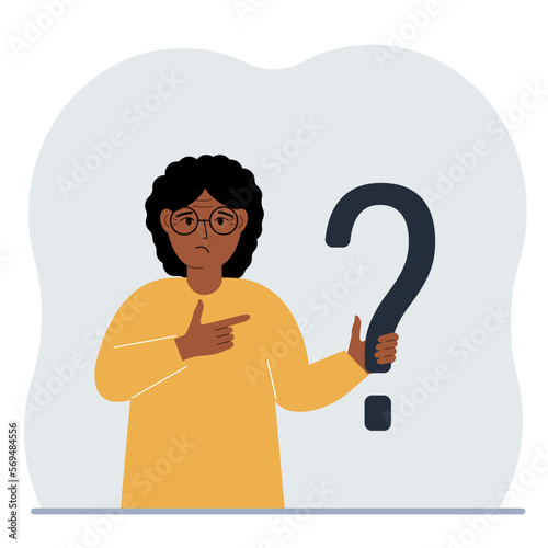 A woman is holding a question mark symbol. Ask questions and look for answers. FAQ or frequently asked questions concept, online support center.